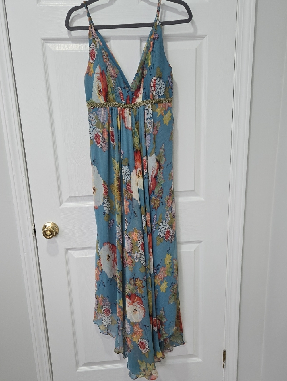 Kay Unger Silk Blue Floral Empire Waist Dress